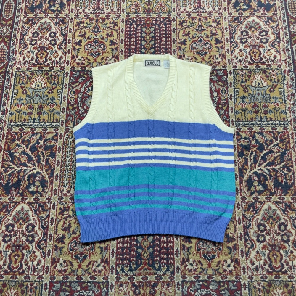 Vintage Aureus Mens XL Cable Knit Sweater Vest Striped V-Neck Blue Cream Retro